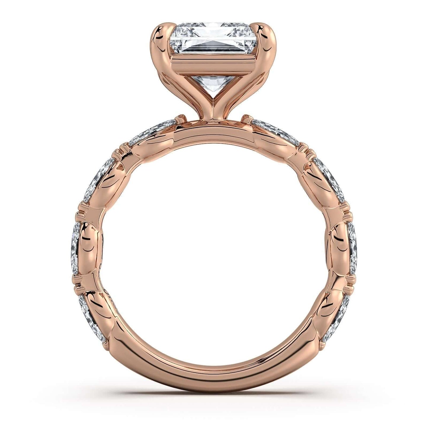 Rose Gold Radiant Diamond Engagement Ring with Marquise Side Stone Band | Waco Diamonds Is Located In Waco, TX | Central Texas' #1 Engagement Ring Store With Lifetime Warranty