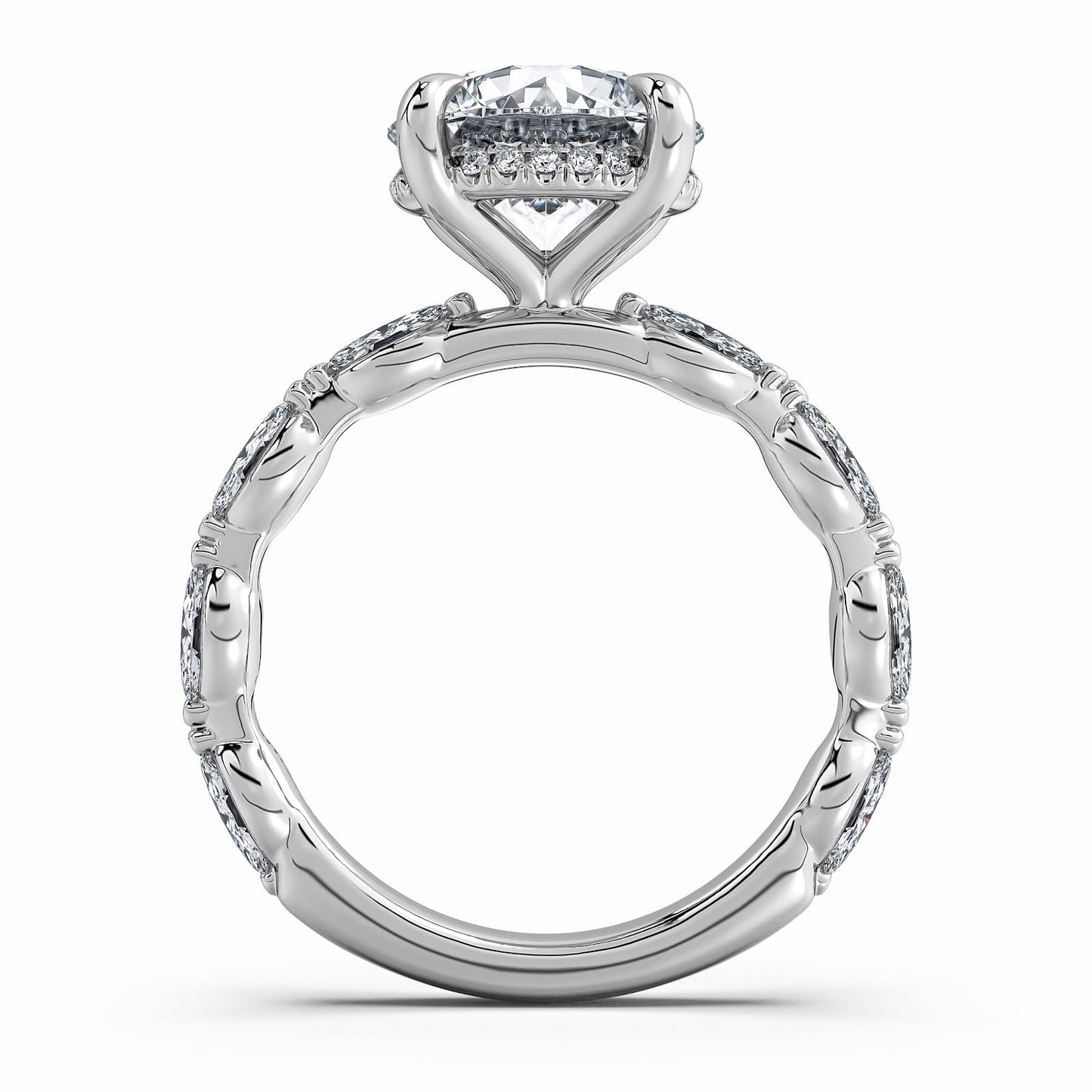White Gold Round Diamond Engagement Ring with Marquise Side Stone Band Profile View | Waco Diamonds Is Located In Waco, TX | Central Texas' #1 Engagement Ring Store With Lifetime Warranty