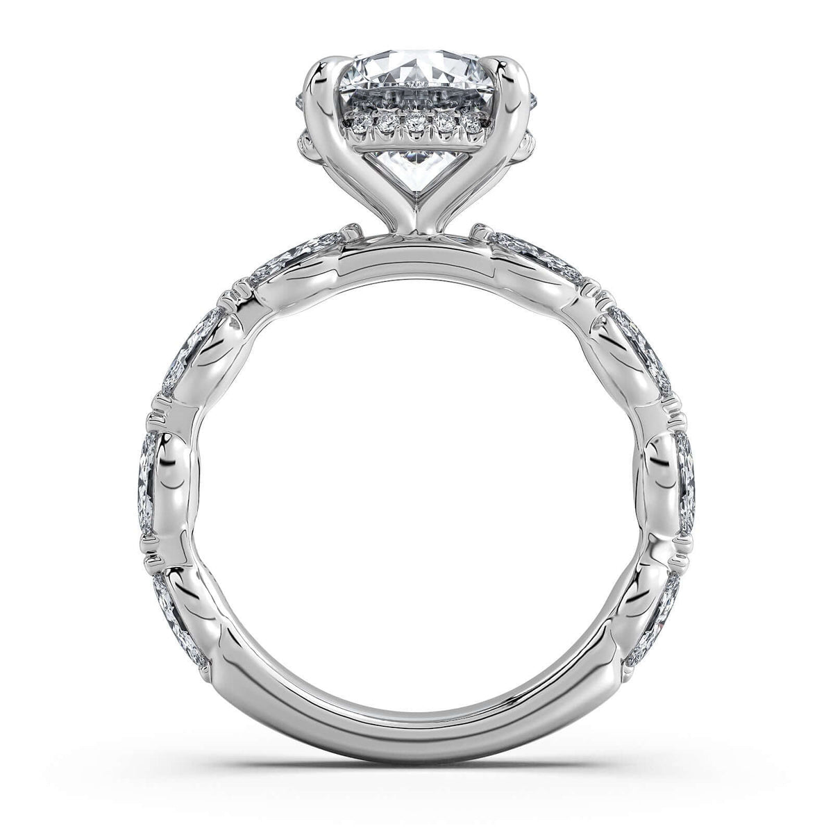 White Gold Round Diamond Engagement Ring with Marquise Side Stone Band Profile View | Waco Diamonds Is Located In Waco, TX | Central Texas' #1 Engagement Ring Store With Lifetime Warranty