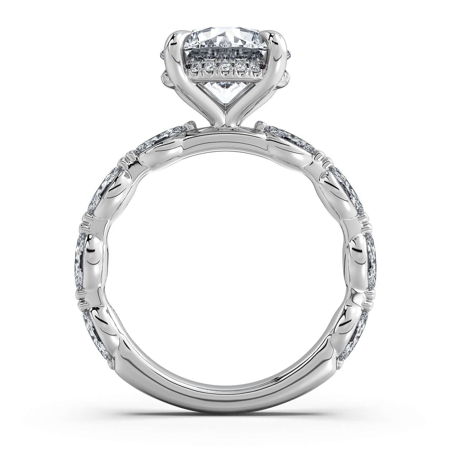 White Gold Round Diamond Engagement Ring with Marquise Side Stone Band | Waco Diamonds Is Located In Waco, TX | Central Texas' #1 Engagement Ring Store With Lifetime Warranty
