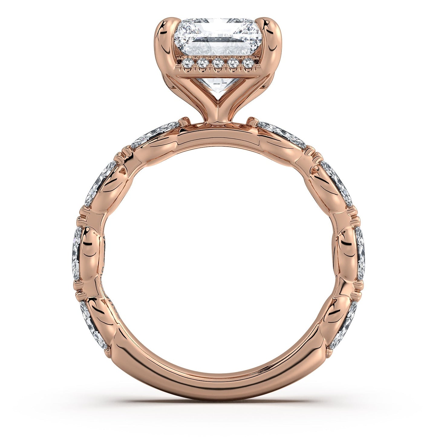 Rose Gold Radiant Diamond Engagement Ring with Marquise Side Stone Band Profile View | Waco Diamonds Is Located In Waco, TX | Central Texas' #1 Engagement Ring Store With Lifetime Warranty