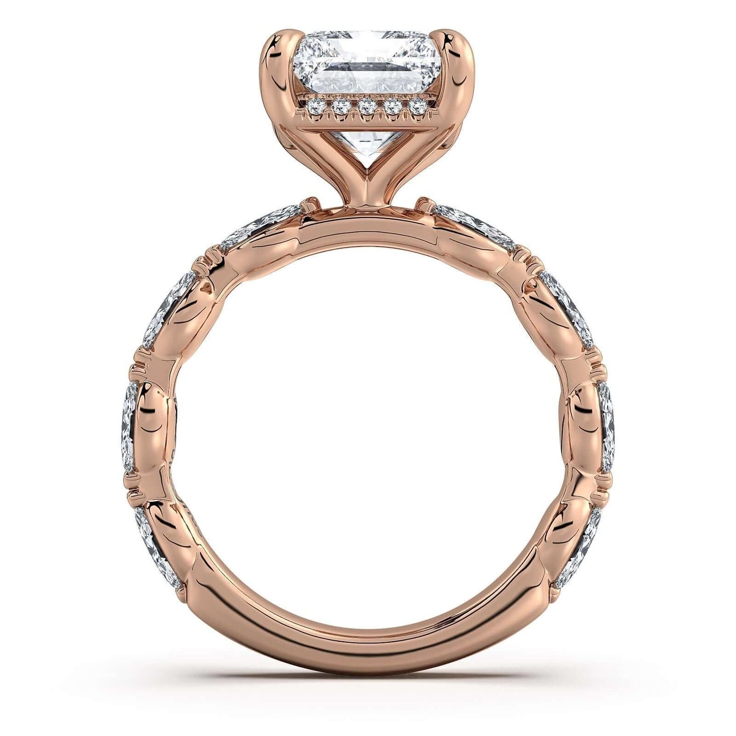 Rose Gold Radiant Diamond Engagement Ring with Marquise Side Stone Band | Waco Diamonds Is Located In Waco, TX | Central Texas' #1 Engagement Ring Store With Lifetime Warranty