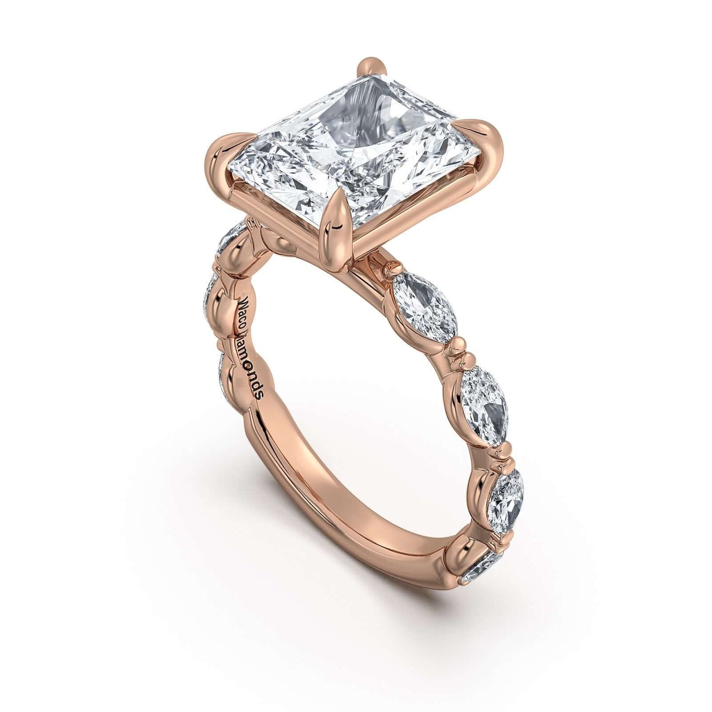 Rose Gold Radiant Diamond Engagement Ring with Marquise Side Stone Band | Waco Diamonds Is Located In Waco, TX | Central Texas' #1 Engagement Ring Store With Lifetime Warranty