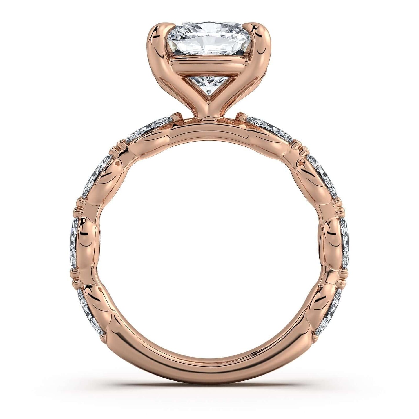 Rose Gold Cushion Diamond Engagement Ring with Marquise Side Stone Band | Waco Diamonds Is Located In Waco, TX | Central Texas' #1 Engagement Ring Store With Lifetime Warranty