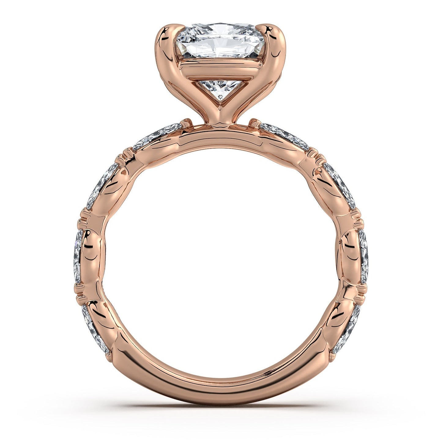 Rose Gold Cushion Diamond Engagement Ring with Marquise Side Stone Band Profile View | Waco Diamonds Is Located In Waco, TX | Central Texas' #1 Engagement Ring Store With Lifetime Warranty