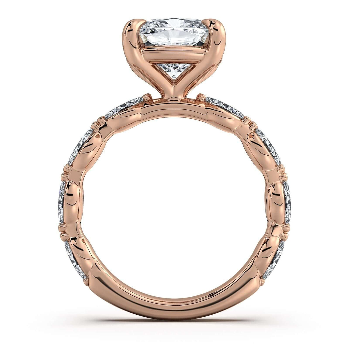 Rose Gold Cushion Diamond Engagement Ring with Marquise Side Stone Band Profile View | Waco Diamonds Is Located In Waco, TX | Central Texas' #1 Engagement Ring Store With Lifetime Warranty