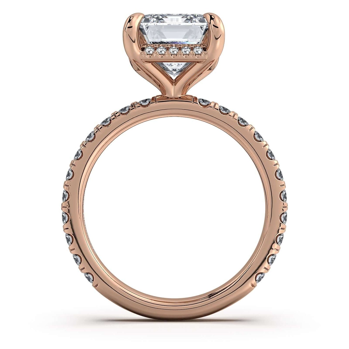 Rose Gold Emerald Diamond Engagement Ring with Pave Band Profile View | Waco Diamonds Is Located In Waco, TX | Central Texas' #1 Engagement Ring Store With Lifetime Warranty