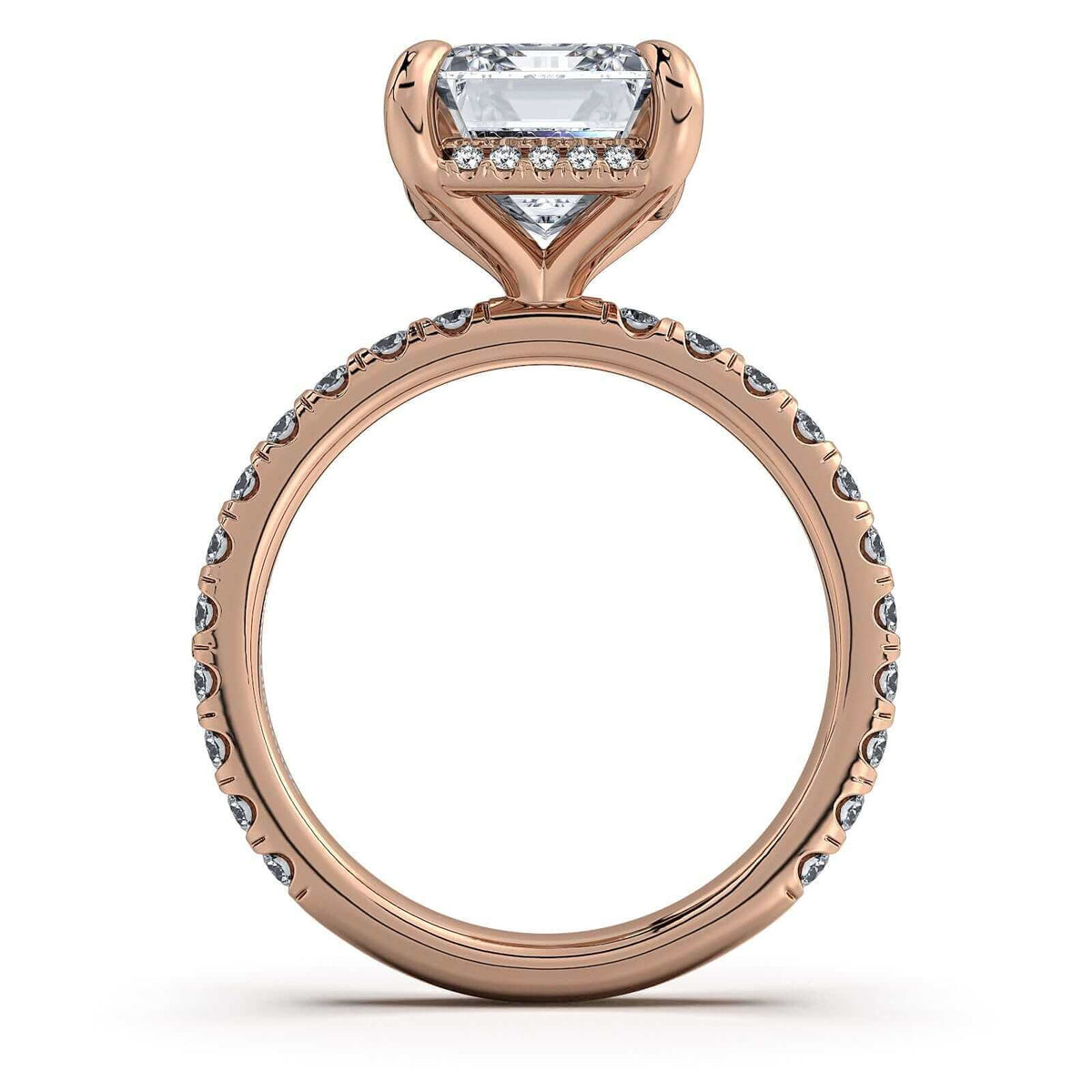 Rose Gold Emerald Diamond Engagement Ring with Pave Band Profile View | Waco Diamonds Is Located In Waco, TX | Central Texas' #1 Engagement Ring Store With Lifetime Warranty