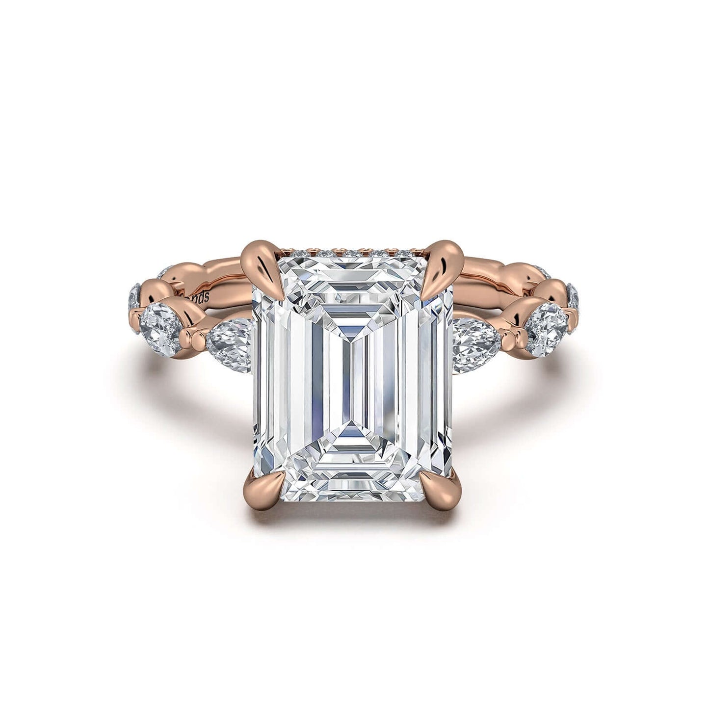 Rose Gold Emerald Diamond Engagement Ring with Marquise Side Stone Band | Waco Diamonds Is Located In Waco, TX | Central Texas' #1 Engagement Ring Store With Lifetime Warranty
