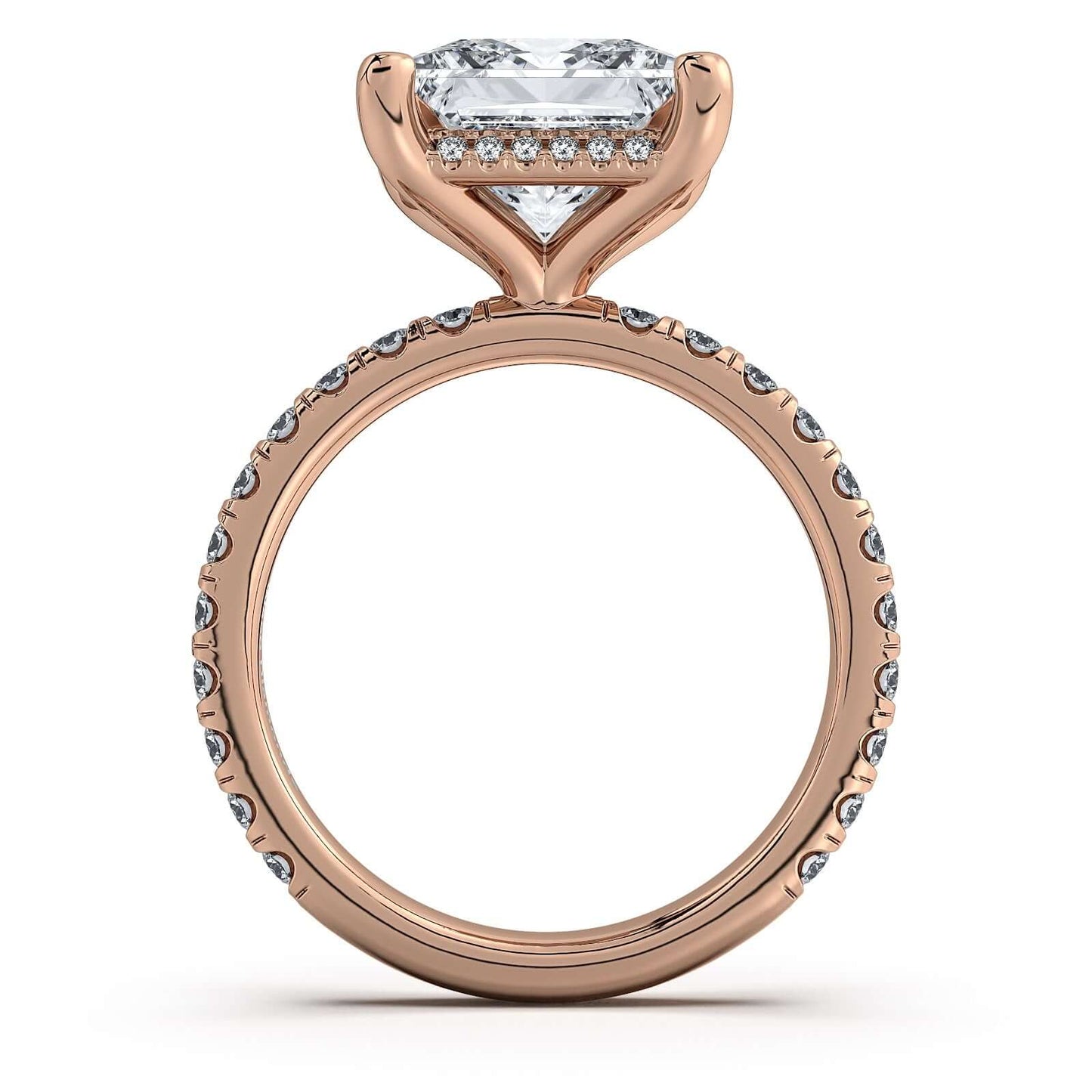 Rose Gold Princess Diamond Engagement Ring with Pave Band Profile View | Waco Diamonds Is Located In Waco, TX | Central Texas' #1 Engagement Ring Store With Lifetime Warranty