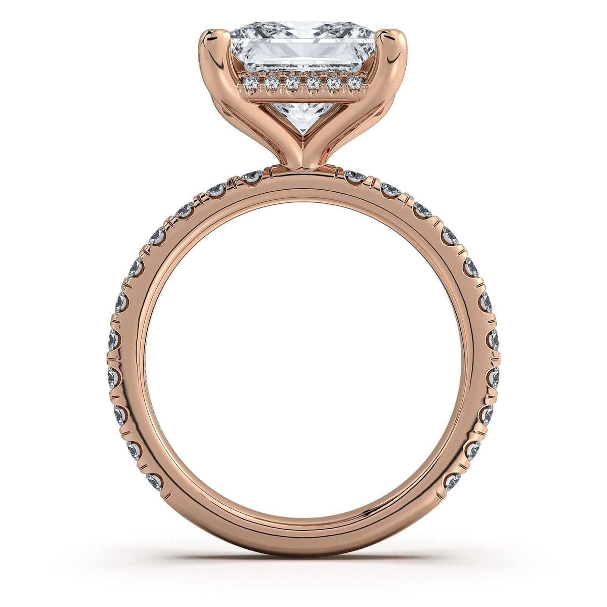 Rose Gold Princess Diamond Engagement Ring with Pave Band Profile View | Waco Diamonds Is Located In Waco, TX | Central Texas' #1 Engagement Ring Store With Lifetime Warranty