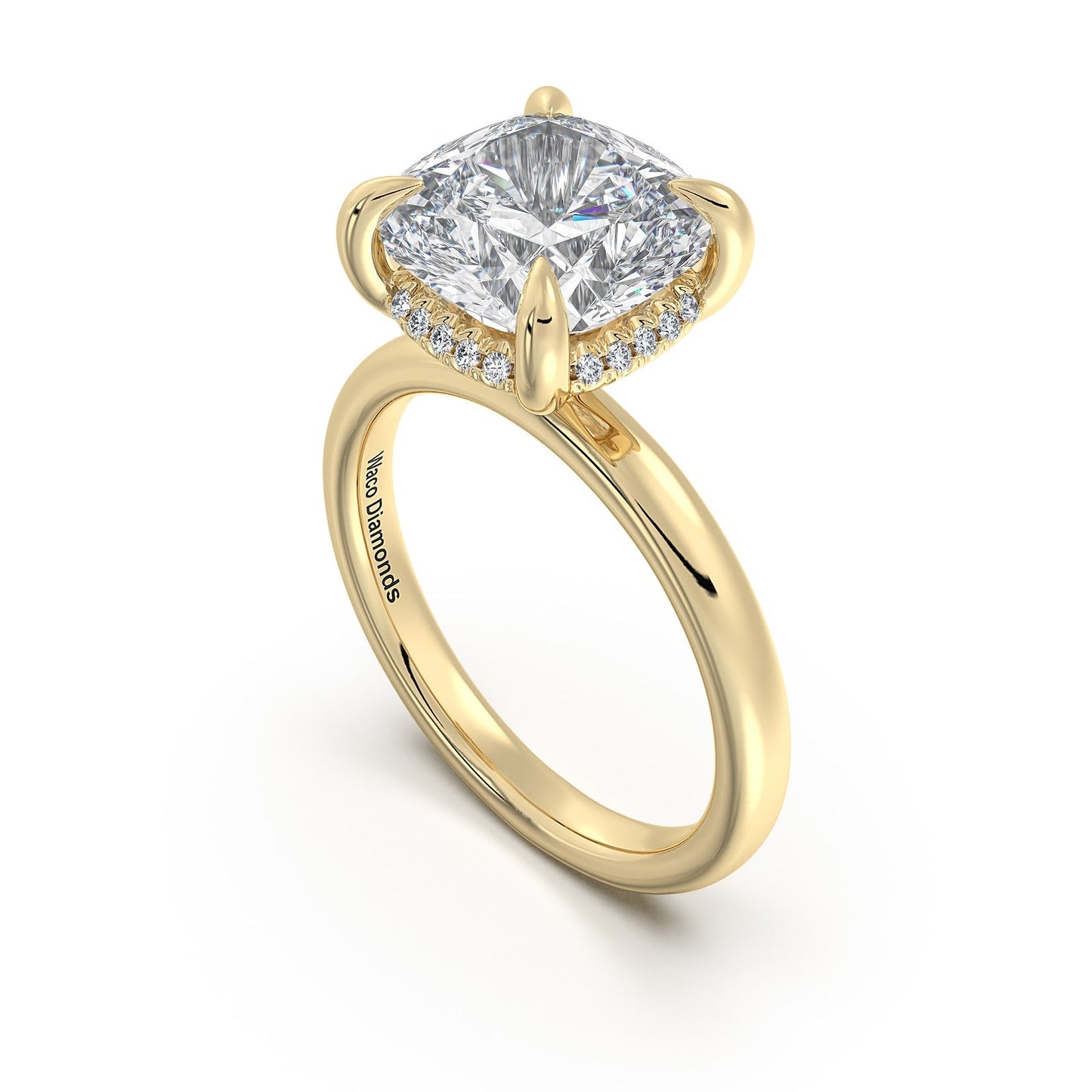 Yellow Gold Cushion Diamond Engagement Ring with Solitaire Band Side Profile | Waco Diamonds Is Located In Waco, TX | Central Texas' #1 Engagement Ring Store With Lifetime Warranty
