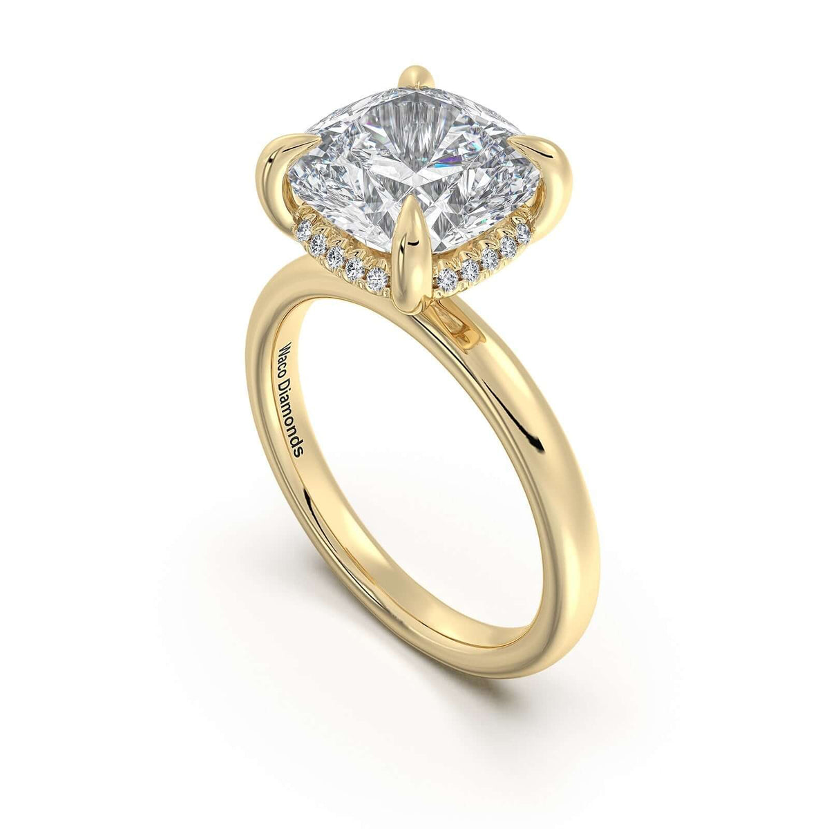 Yellow Gold Cushion Diamond Engagement Ring with Solitaire Band Side Profile | Waco Diamonds Is Located In Waco, TX | Central Texas' #1 Engagement Ring Store With Lifetime Warranty