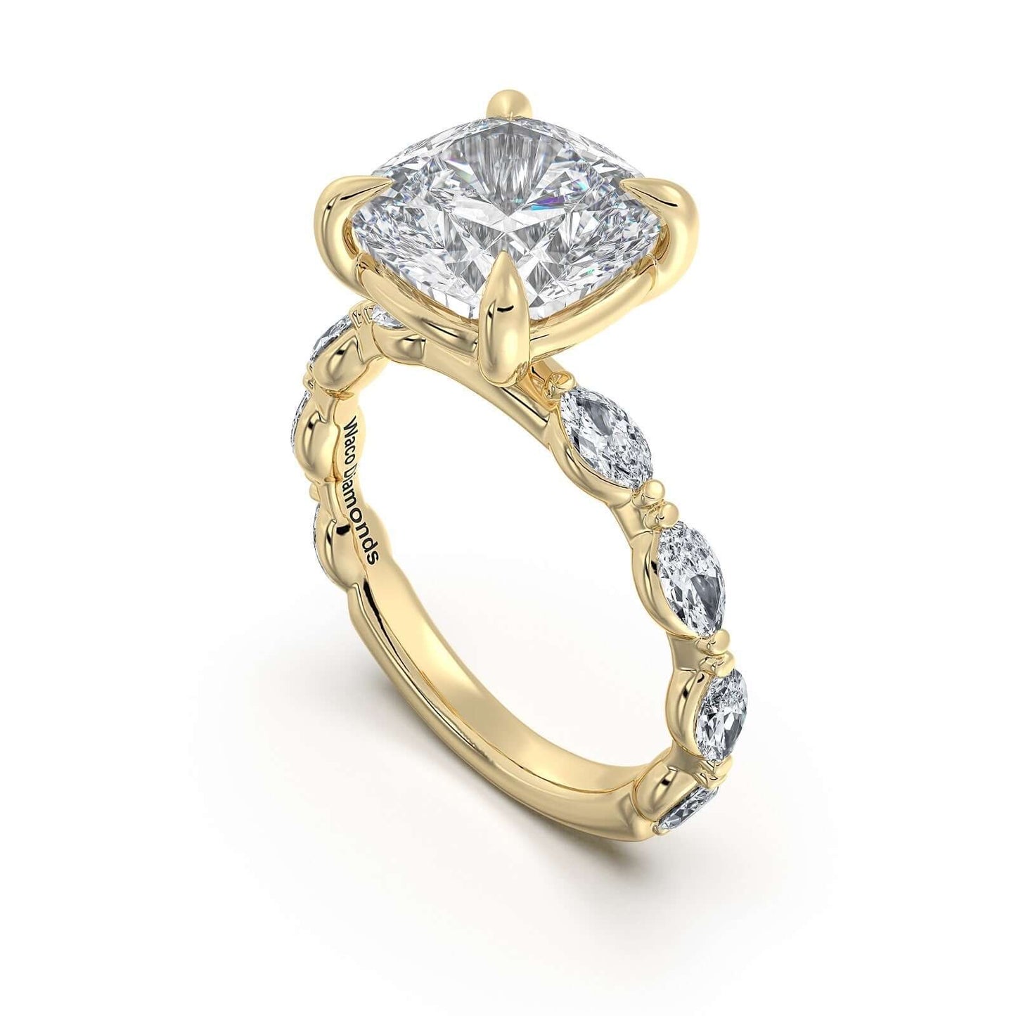 Yellow Gold Cushion Diamond Engagement Ring with Marquise Side Stone Band | Waco Diamonds Is Located In Waco, TX | Central Texas' #1 Engagement Ring Store With Lifetime Warranty