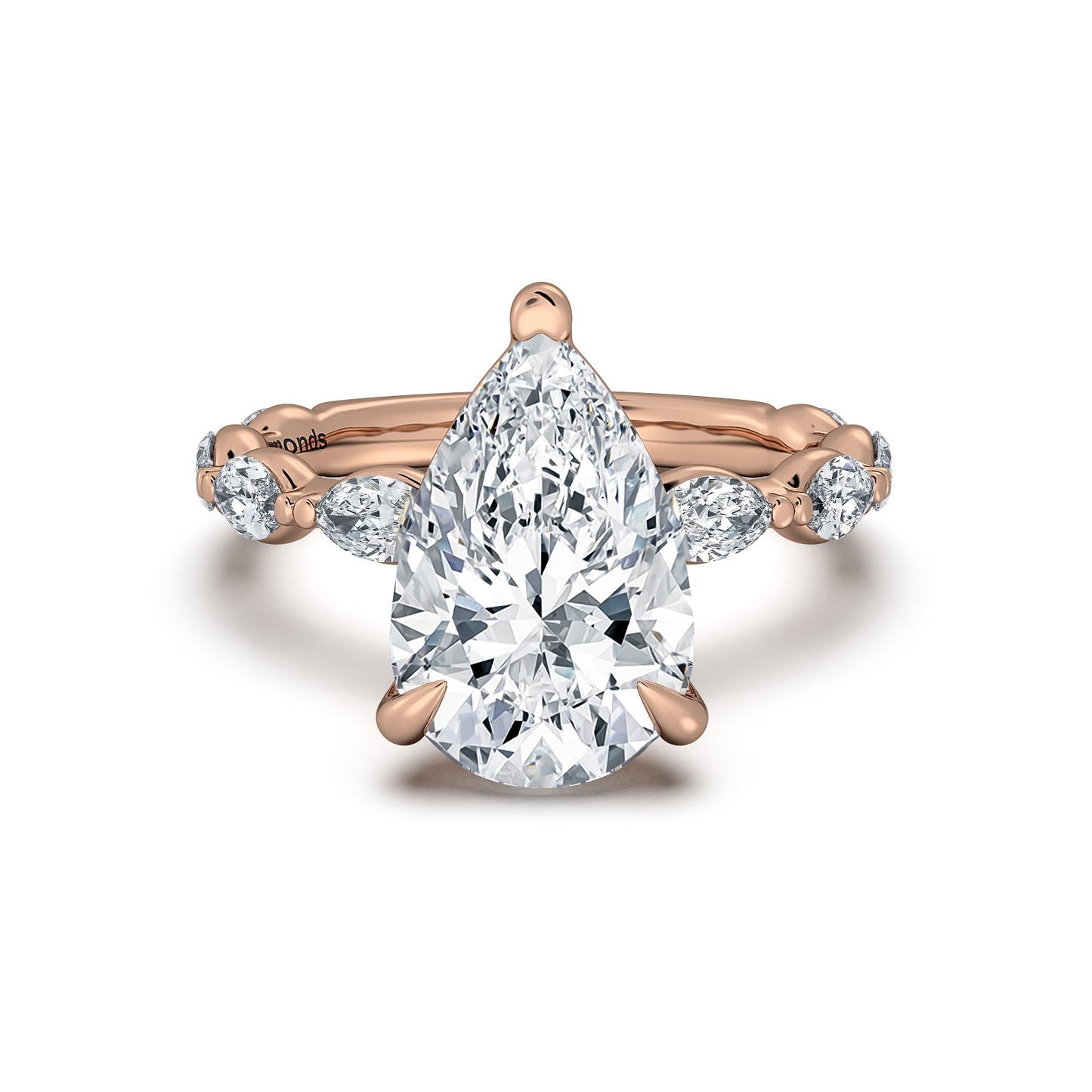 Rose Gold Pear Diamond Engagement Ring with Marquise Side Stone Band | Waco Diamonds Is Located In Waco, TX | Central Texas' #1 Engagement Ring Store With Lifetime Warranty