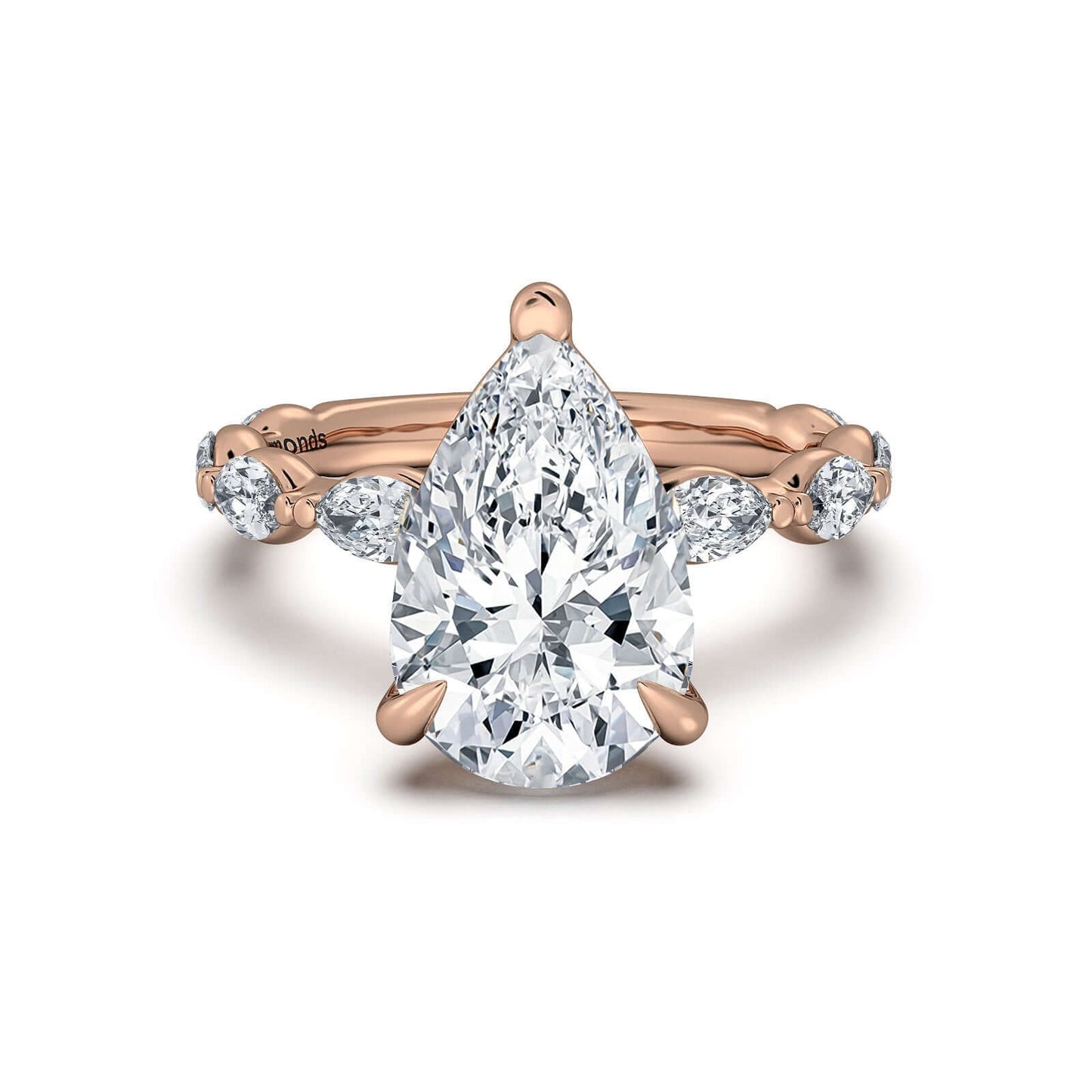 Rose Gold Pear Diamond Engagement Ring with Marquise Side Stone Band | Waco Diamonds Is Located In Waco, TX | Central Texas' #1 Engagement Ring Store With Lifetime Warranty