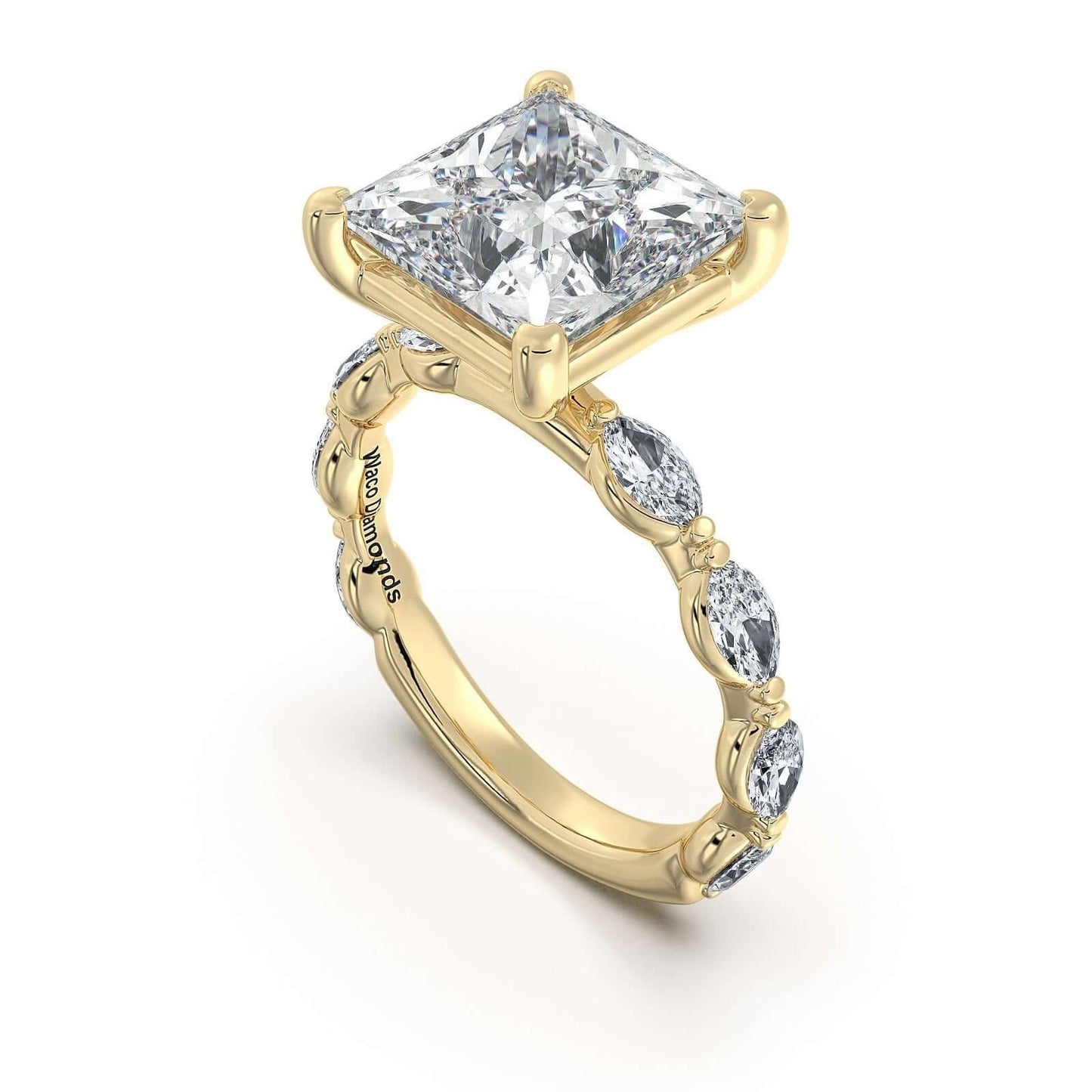 Yellow Gold Princess Diamond Engagement Ring with Marquise Side Stone Band | Waco Diamonds Is Located In Waco, TX | Central Texas' #1 Engagement Ring Store With Lifetime Warranty