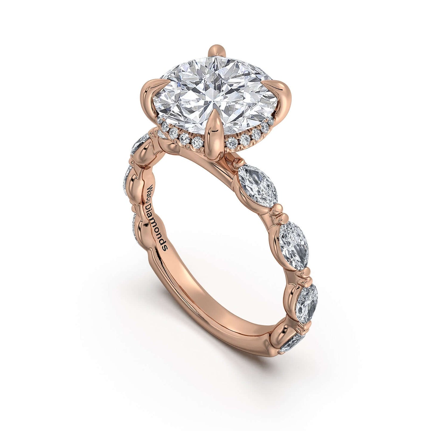 Rose Gold Round Diamond Engagement Ring with Marquise Side Stone Band | Waco Diamonds Is Located In Waco, TX | Central Texas' #1 Engagement Ring Store With Lifetime Warranty
