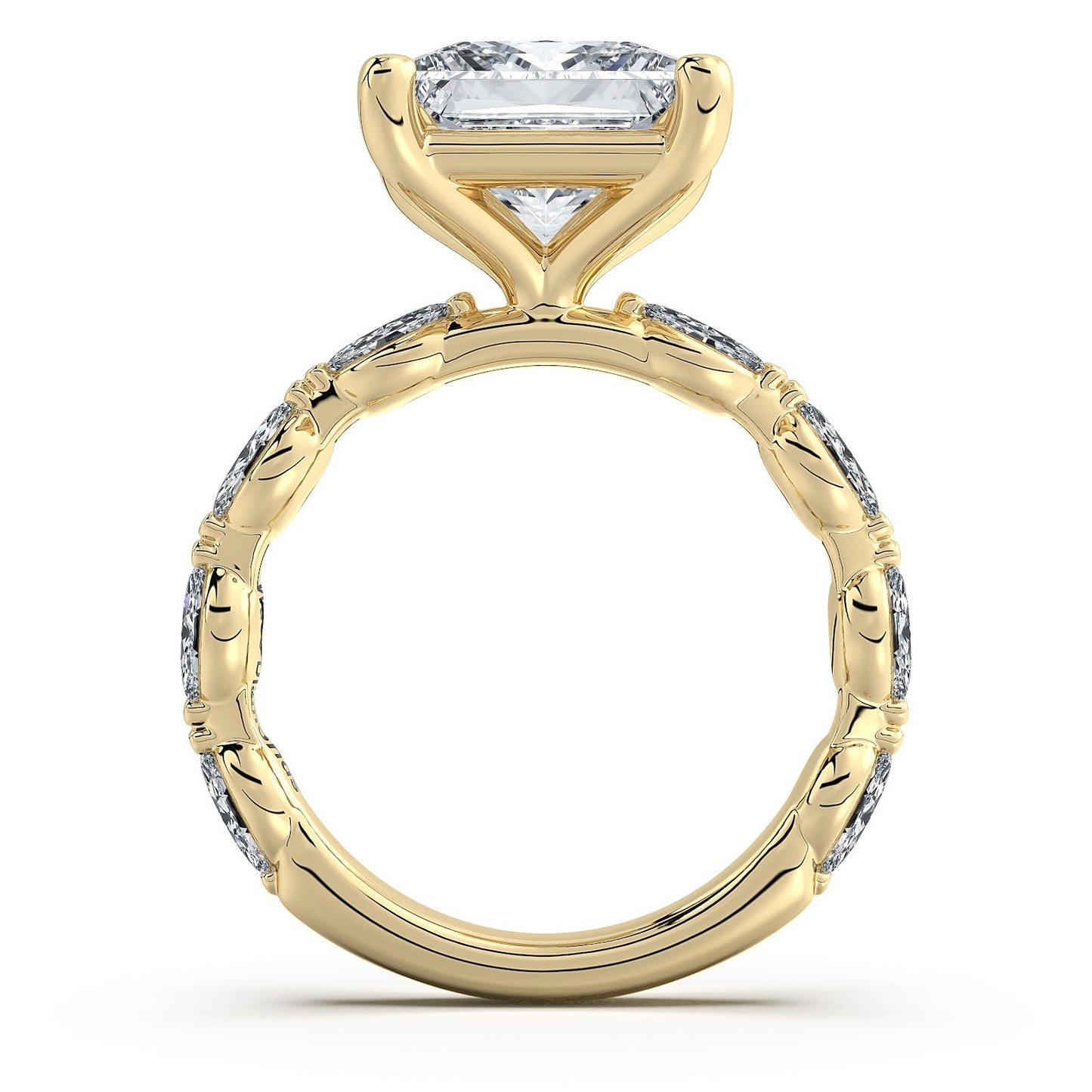 Yellow Gold Princess Diamond Engagement Ring with Marquise Side Stone Band Profile View | Waco Diamonds Is Located In Waco, TX | Central Texas' #1 Engagement Ring Store With Lifetime Warranty