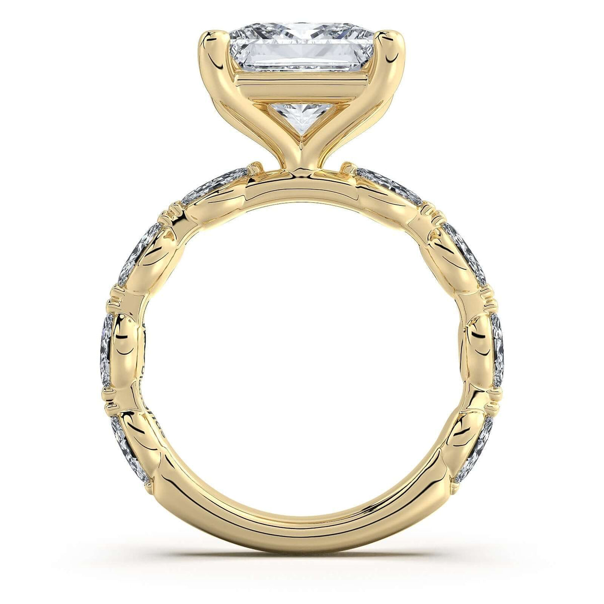 Yellow Gold Princess Diamond Engagement Ring with Marquise Side Stone Band Profile View | Waco Diamonds Is Located In Waco, TX | Central Texas' #1 Engagement Ring Store With Lifetime Warranty