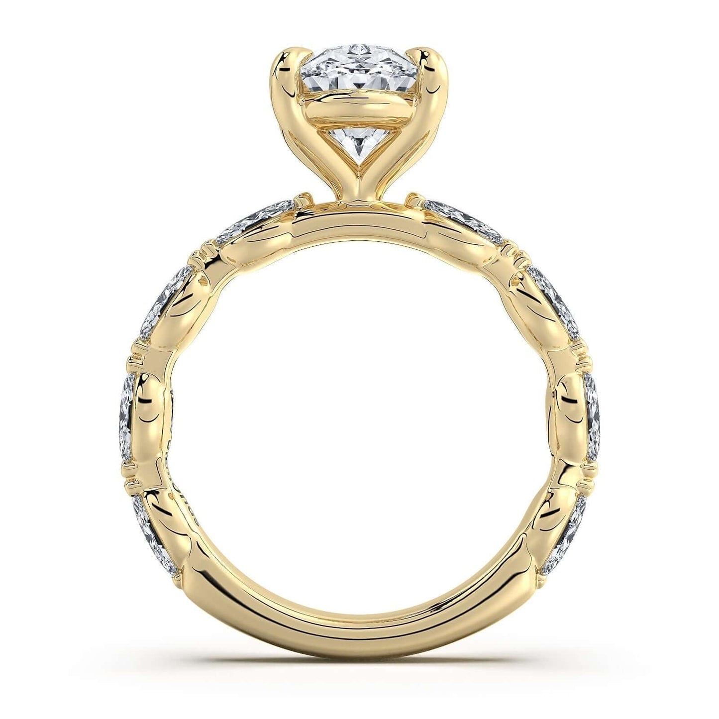 Yellow Gold Oval Diamond Engagement Ring with Marquise Side Stone Band | Waco Diamonds Is Located In Waco, TX | Central Texas' #1 Engagement Ring Store With Lifetime Warranty