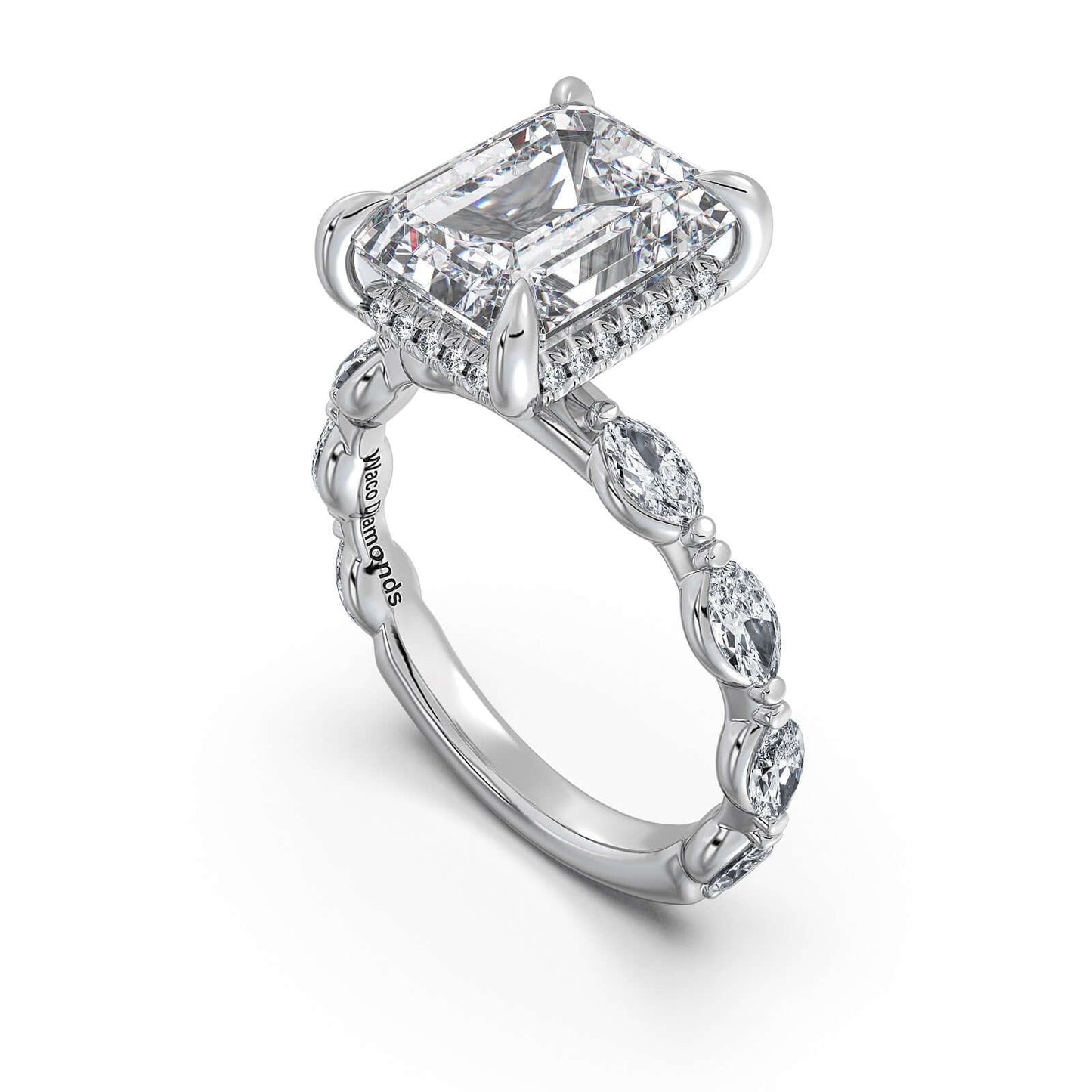 White Gold Emerald Diamond Engagement Ring with Marquise Side Stone Band | Waco Diamonds Is Located In Waco, TX | Central Texas' #1 Engagement Ring Store With Lifetime Warranty