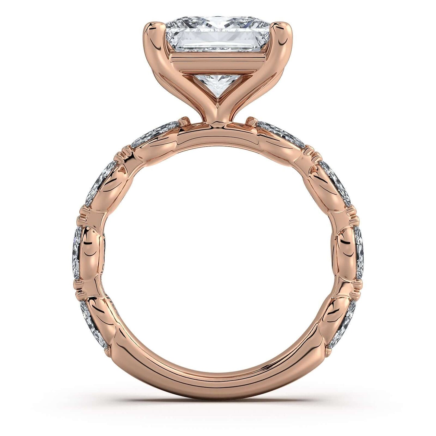 Rose Gold Princess Diamond Engagement Ring with Marquise Side Stone Band | Waco Diamonds Is Located In Waco, TX | Central Texas' #1 Engagement Ring Store With Lifetime Warranty