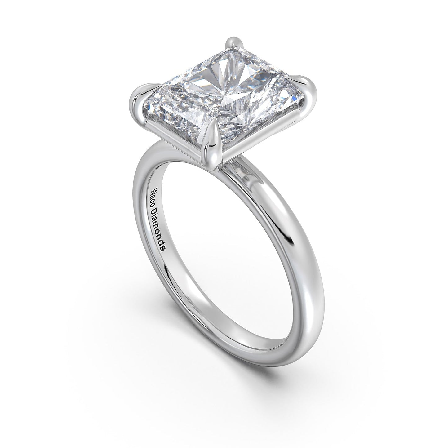 White Gold Radiant Diamond Engagement Ring with Solitaire Band Side Profile | Waco Diamonds Is Located In Waco, TX | Central Texas' #1 Engagement Ring Store With Lifetime Warranty