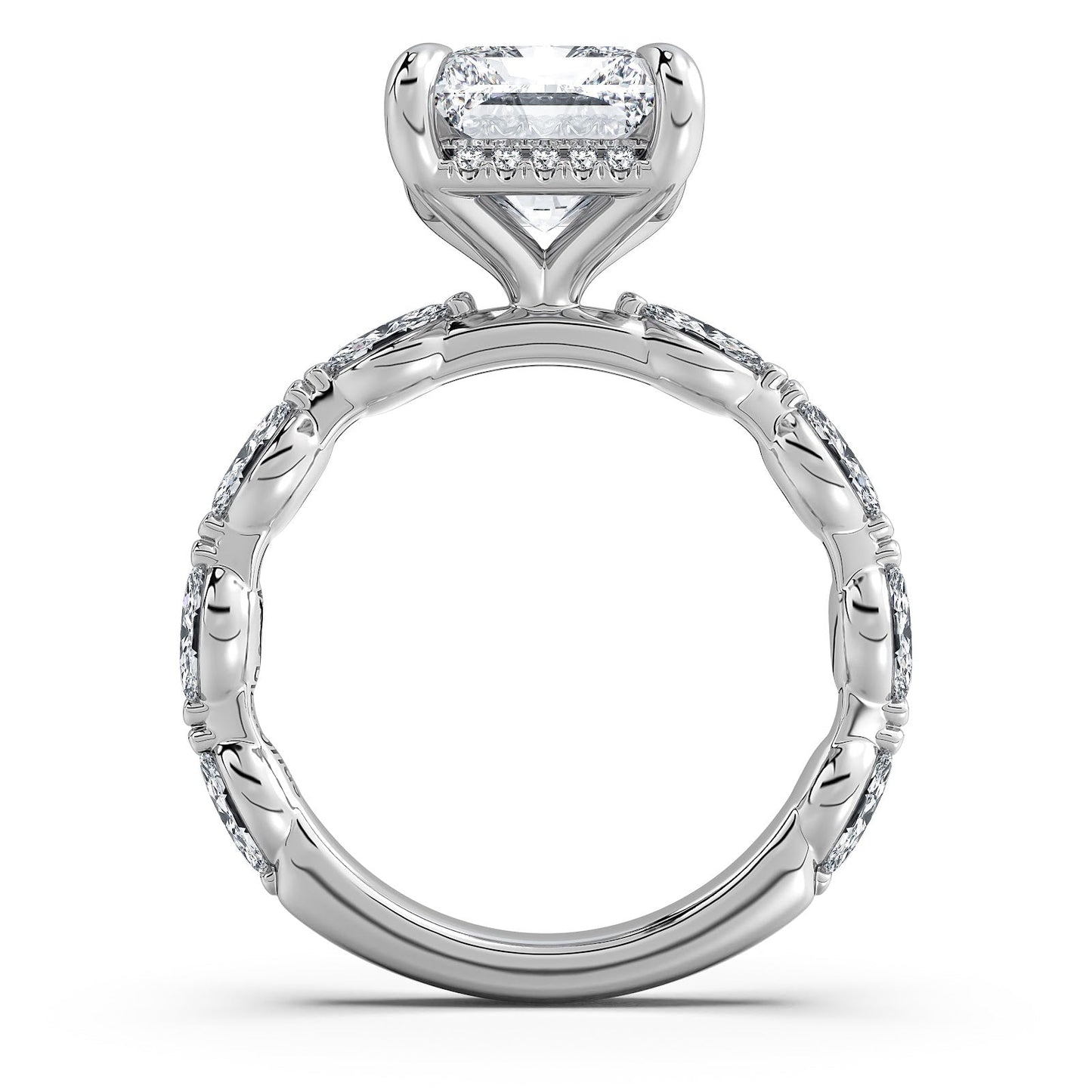 White Gold Radiant Diamond Engagement Ring with Marquise Side Stone Band Profile View | Waco Diamonds Is Located In Waco, TX | Central Texas' #1 Engagement Ring Store With Lifetime Warranty