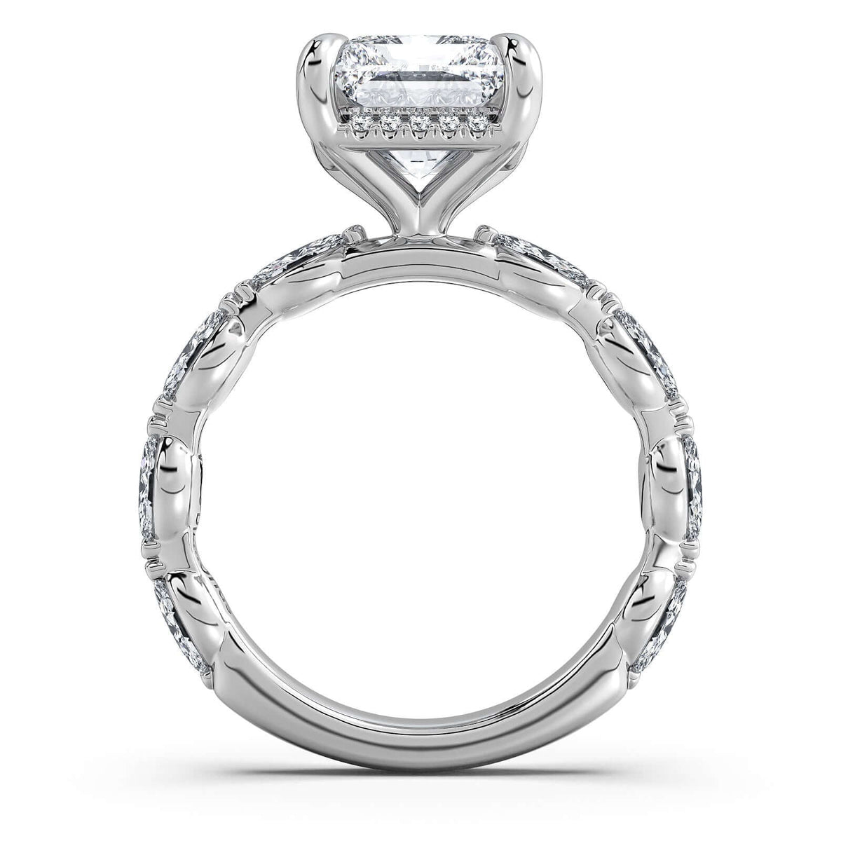 White Gold Radiant Diamond Engagement Ring with Marquise Side Stone Band Profile View | Waco Diamonds Is Located In Waco, TX | Central Texas' #1 Engagement Ring Store With Lifetime Warranty