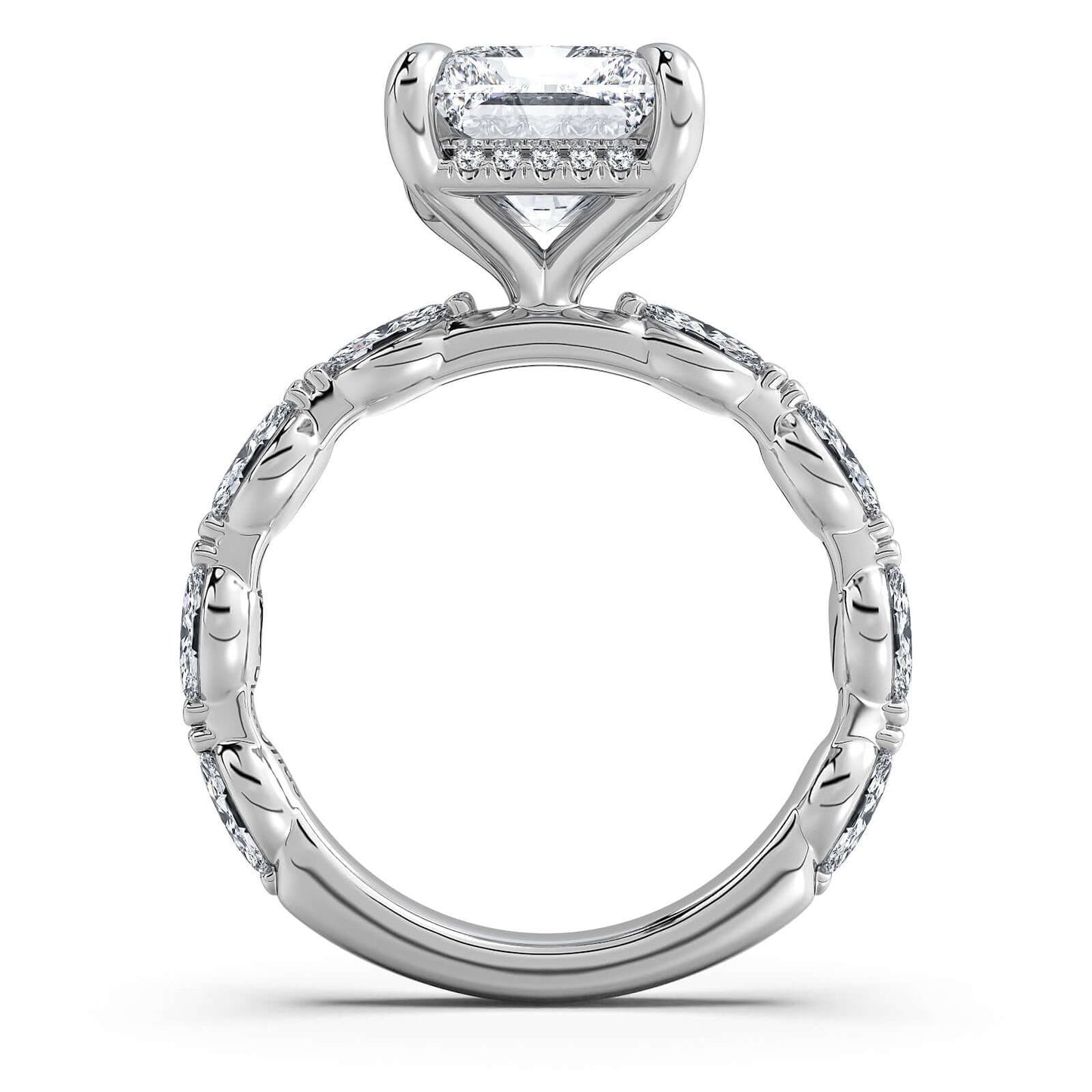 White Gold Radiant Diamond Engagement Ring with Marquise Side Stone Band | Waco Diamonds Is Located In Waco, TX | Central Texas' #1 Engagement Ring Store With Lifetime Warranty