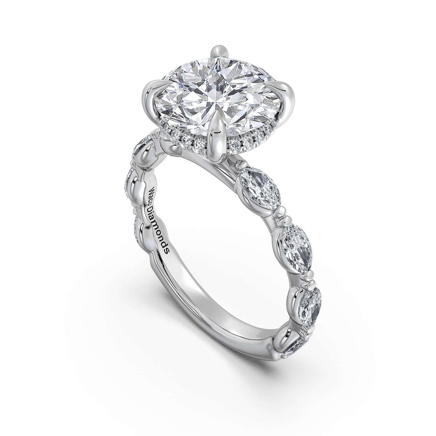 White Gold Round Diamond Engagement Ring with Marquise Side Stone Band | Waco Diamonds Is Located In Waco, TX | Central Texas' #1 Engagement Ring Store With Lifetime Warranty