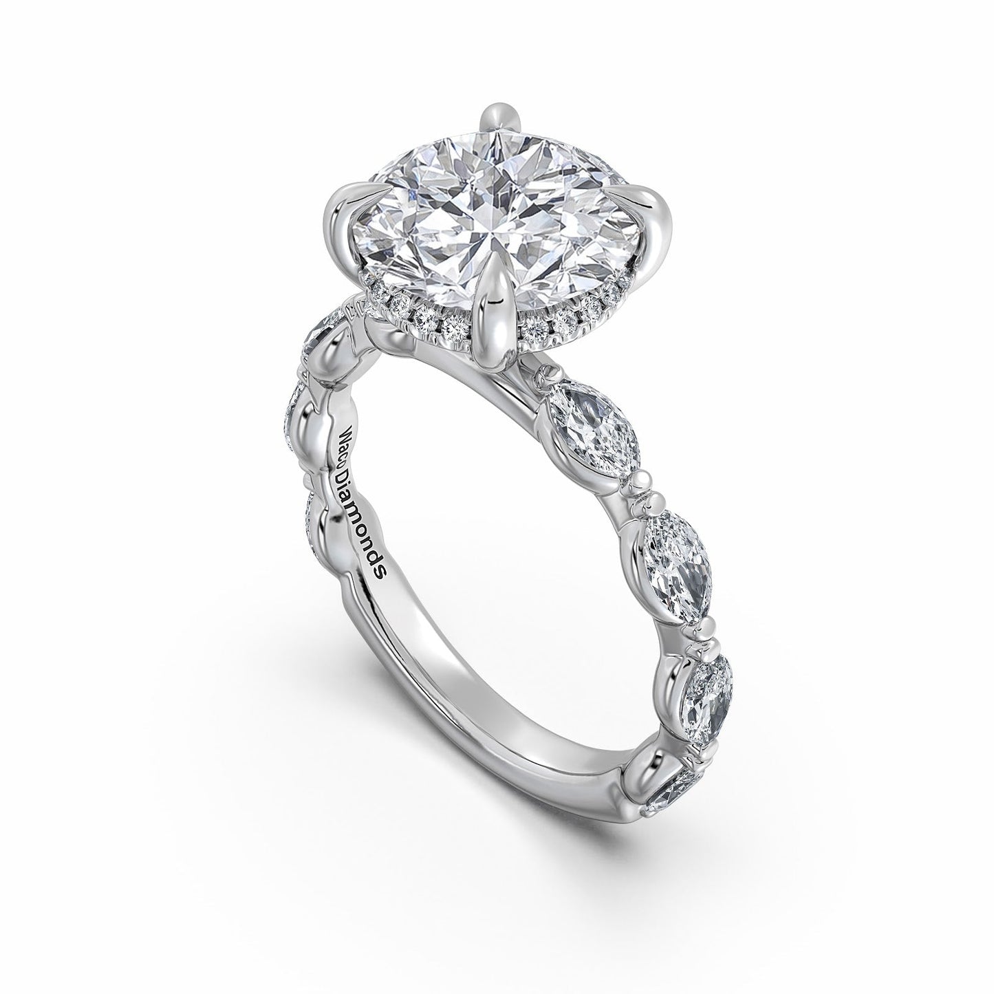 White Gold Round Diamond Engagement Ring with Marquise Side Stone Band Side Profile | Waco Diamonds Is Located In Waco, TX | Central Texas' #1 Engagement Ring Store With Lifetime Warranty