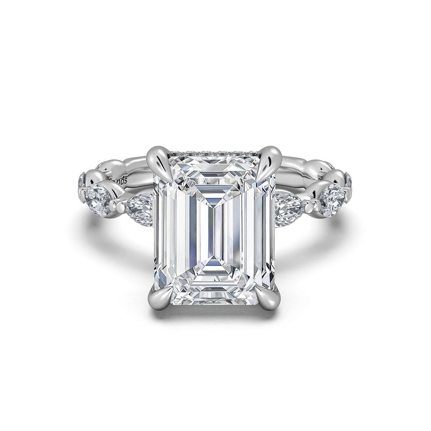 White Gold Emerald Diamond Engagement Ring with Marquise Side Stone Band | Waco Diamonds Is Located In Waco, TX | Central Texas' #1 Engagement Ring Store With Lifetime Warranty