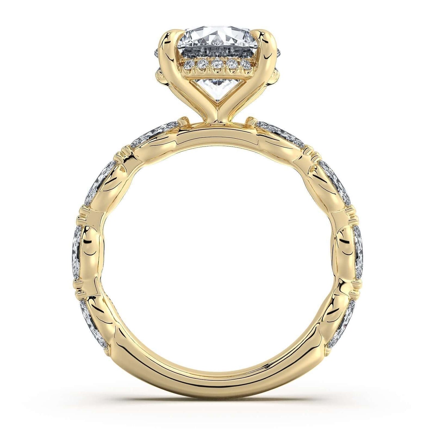Yellow Gold Round Diamond Engagement Ring with Marquise Side Stone Band | Waco Diamonds Is Located In Waco, TX | Central Texas' #1 Engagement Ring Store With Lifetime Warranty