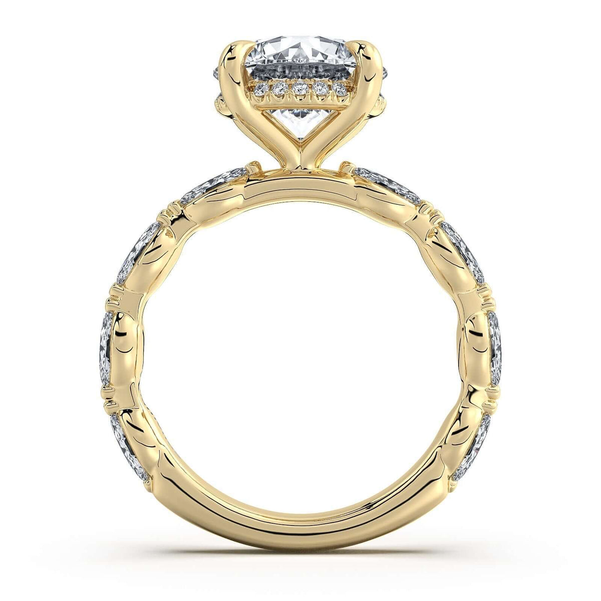 Yellow Gold Round Diamond Engagement Ring with Marquise Side Stone Band Profile View | Waco Diamonds Is Located In Waco, TX | Central Texas' #1 Engagement Ring Store With Lifetime Warranty