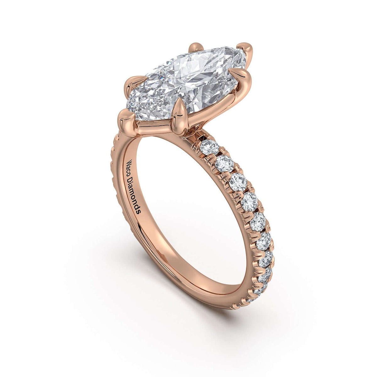 Rose Gold Marquise Diamond Engagement Ring with Pave Band Side Profile | Waco Diamonds Is Located In Waco, TX | Central Texas' #1 Engagement Ring Store With Lifetime Warranty
