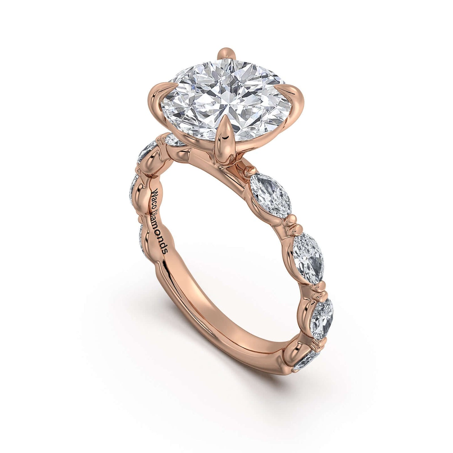Rose Gold Round Diamond Engagement Ring with Marquise Side Stone Band | Waco Diamonds Is Located In Waco, TX | Central Texas' #1 Engagement Ring Store With Lifetime Warranty