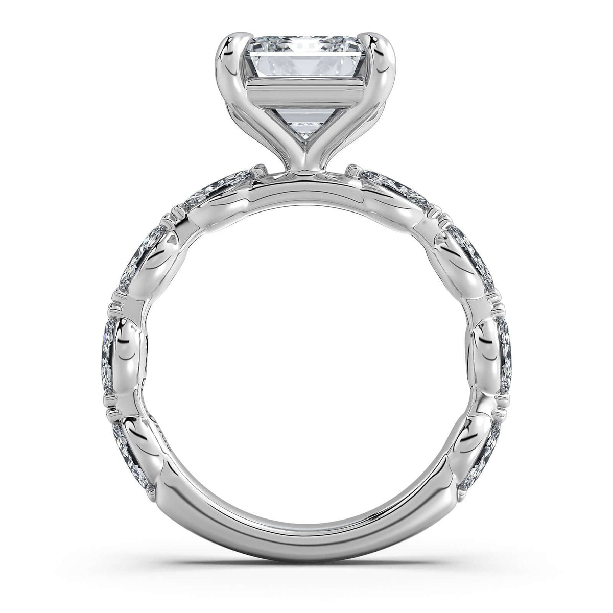 White Gold Emerald Diamond Engagement Ring with Marquise Side Stone Band Profile View | Waco Diamonds Is Located In Waco, TX | Central Texas' #1 Engagement Ring Store With Lifetime Warranty
