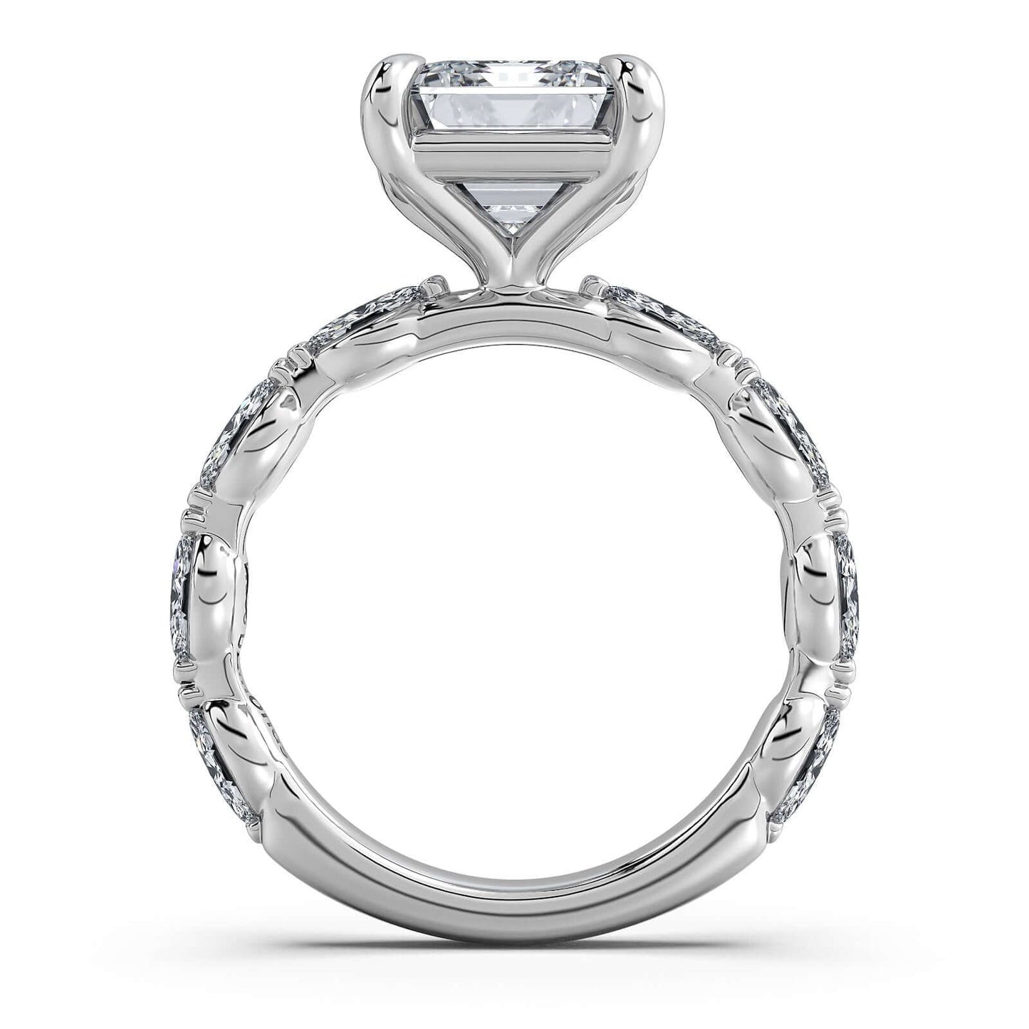 White Gold Emerald Diamond Engagement Ring with Marquise Side Stone Band | Waco Diamonds Is Located In Waco, TX | Central Texas' #1 Engagement Ring Store With Lifetime Warranty