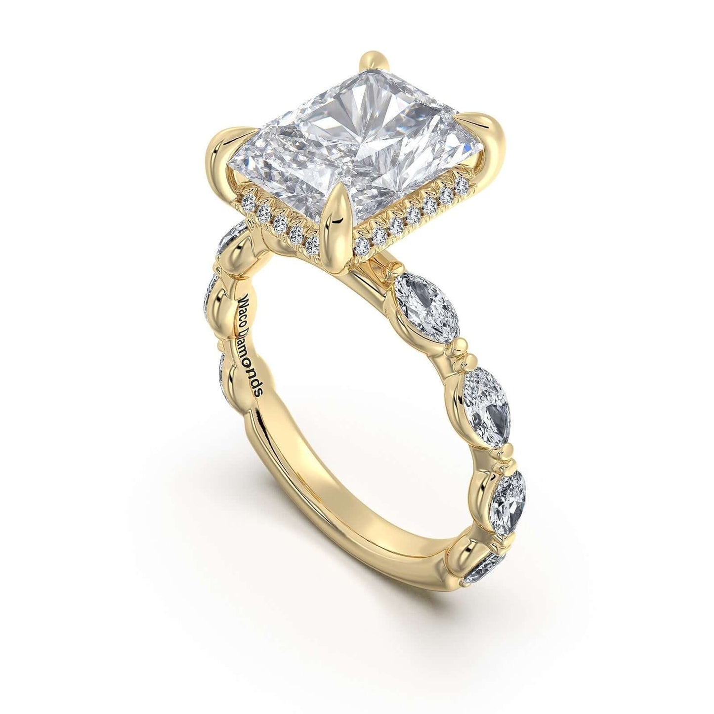 Yellow Gold Radiant Diamond Engagement Ring with Marquise Side Stone Band | Waco Diamonds Is Located In Waco, TX | Central Texas' #1 Engagement Ring Store With Lifetime Warranty