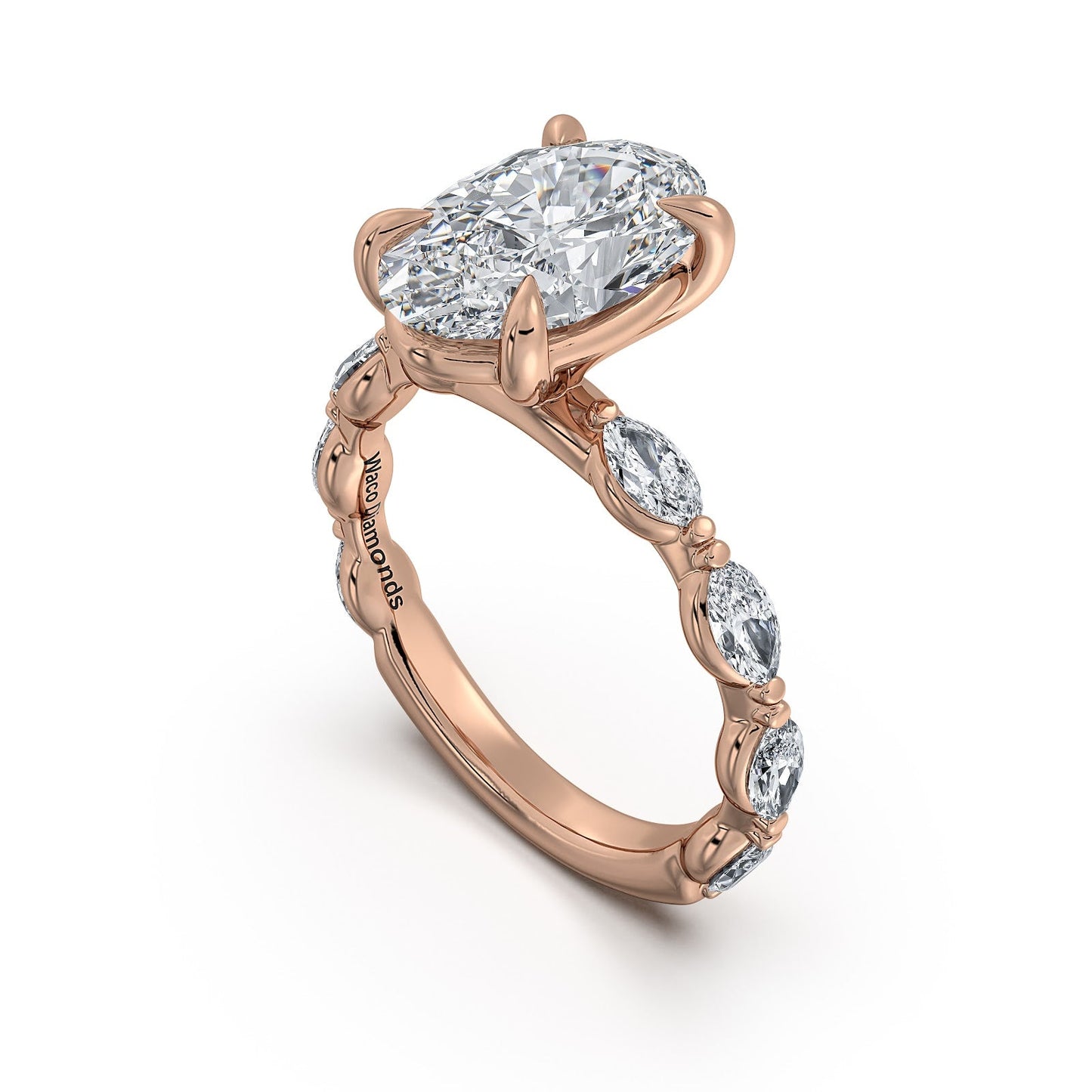 Rose Gold Oval Diamond Engagement Ring with Marquise Side Stone Band Side Profile | Waco Diamonds Is Located In Waco, TX | Central Texas' #1 Engagement Ring Store With Lifetime Warranty