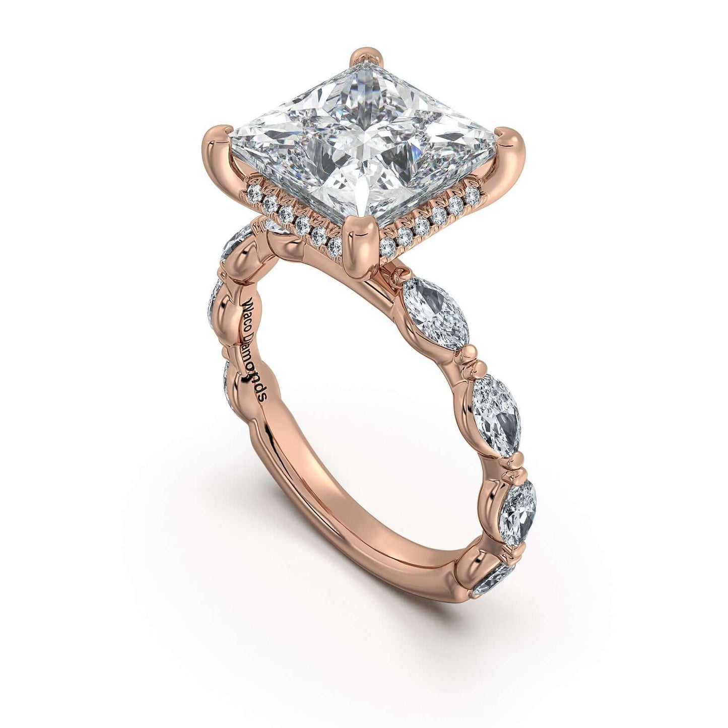 Rose Gold Princess Diamond Engagement Ring with Marquise Side Stone Band | Waco Diamonds Is Located In Waco, TX | Central Texas' #1 Engagement Ring Store With Lifetime Warranty