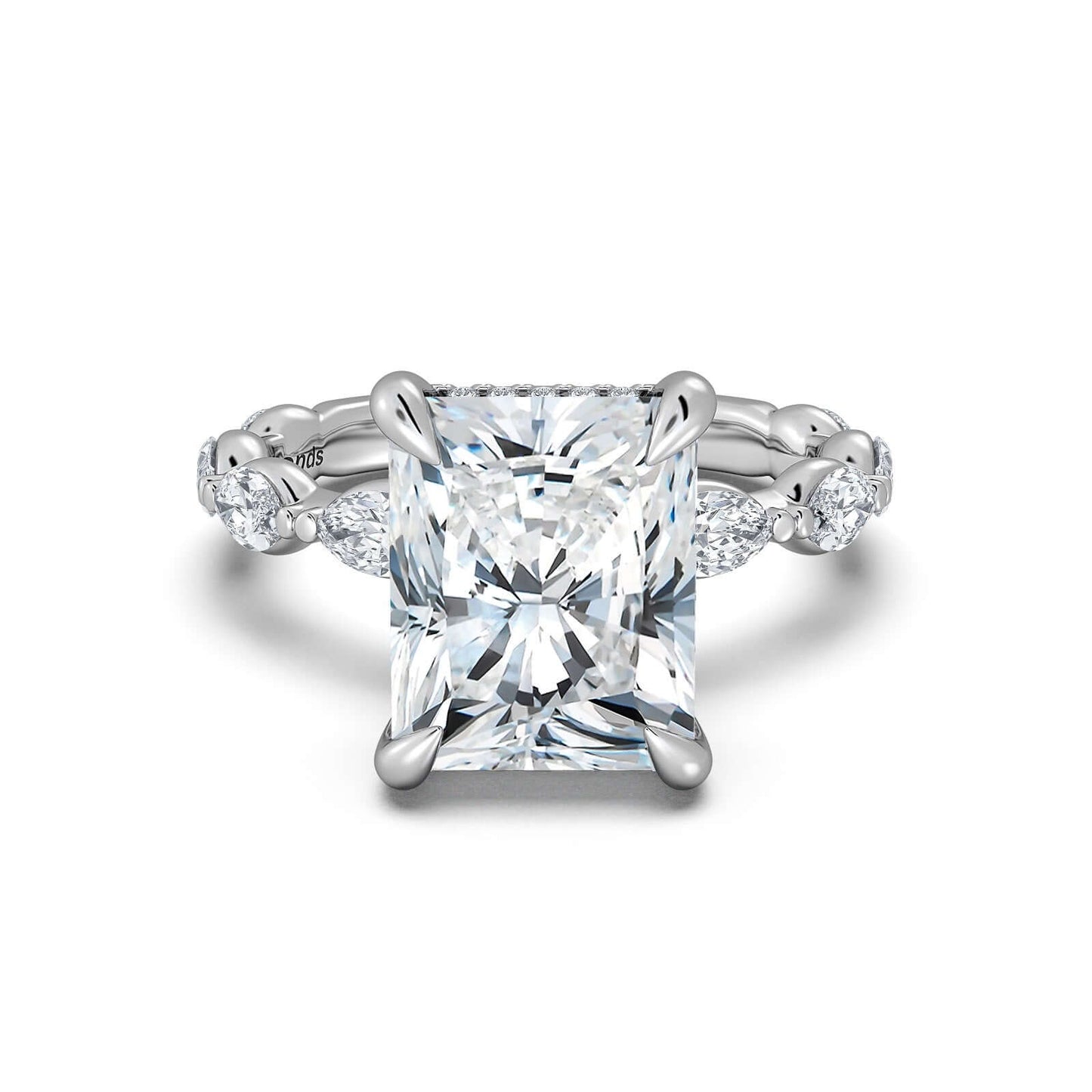 White Gold Radiant Diamond Engagement Ring with Marquise Side Stone Band | Waco Diamonds Is Located In Waco, TX | Central Texas' #1 Engagement Ring Store With Lifetime Warranty