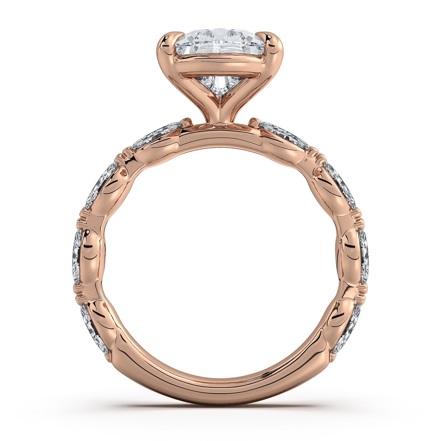 Rose Gold Pear Diamond Engagement Ring with Marquise Side Stone Band Profile View | Waco Diamonds Is Located In Waco, TX | Central Texas' #1 Engagement Ring Store With Lifetime Warranty