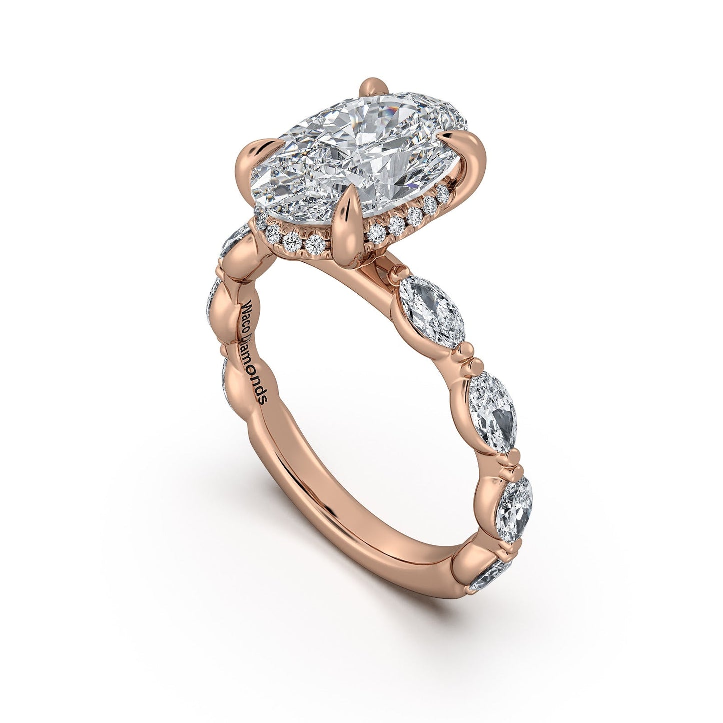 Rose Gold Oval Diamond Engagement Ring with Marquise Side Stone Band Side Profile | Waco Diamonds Is Located In Waco, TX | Central Texas' #1 Engagement Ring Store With Lifetime Warranty