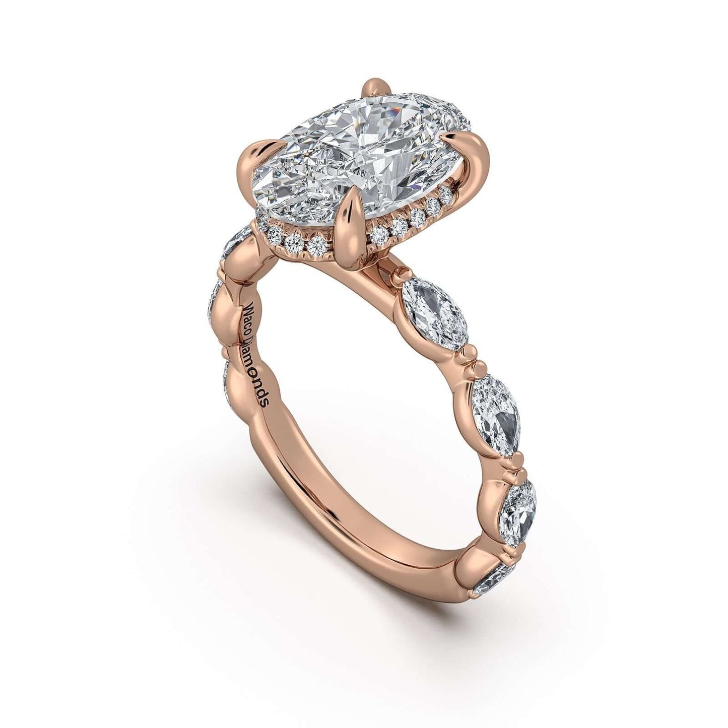 Rose Gold Oval Diamond Engagement Ring with Marquise Side Stone Band | Waco Diamonds Is Located In Waco, TX | Central Texas' #1 Engagement Ring Store With Lifetime Warranty