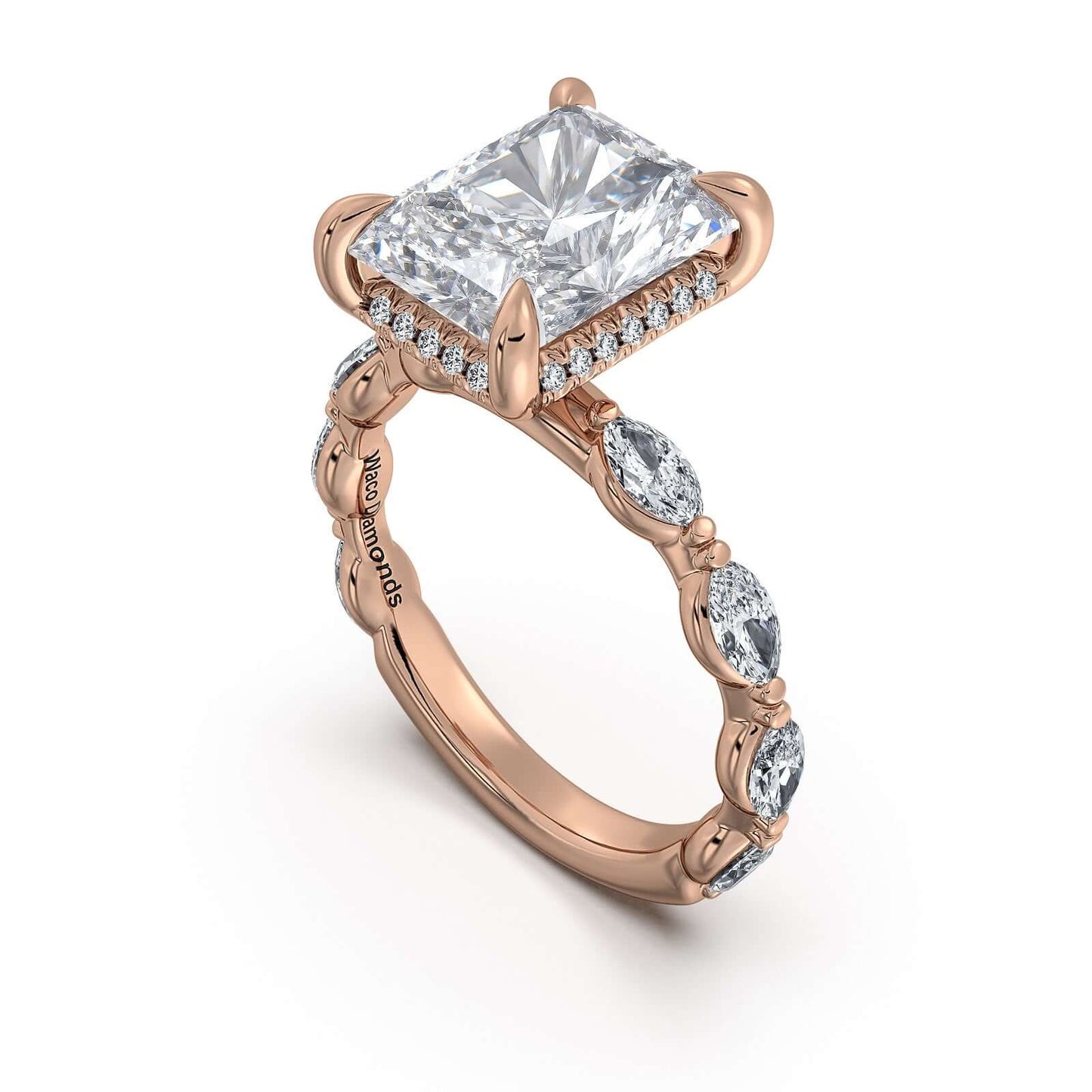 Rose Gold Radiant Diamond Engagement Ring with Marquise Side Stone Band | Waco Diamonds Is Located In Waco, TX | Central Texas' #1 Engagement Ring Store With Lifetime Warranty