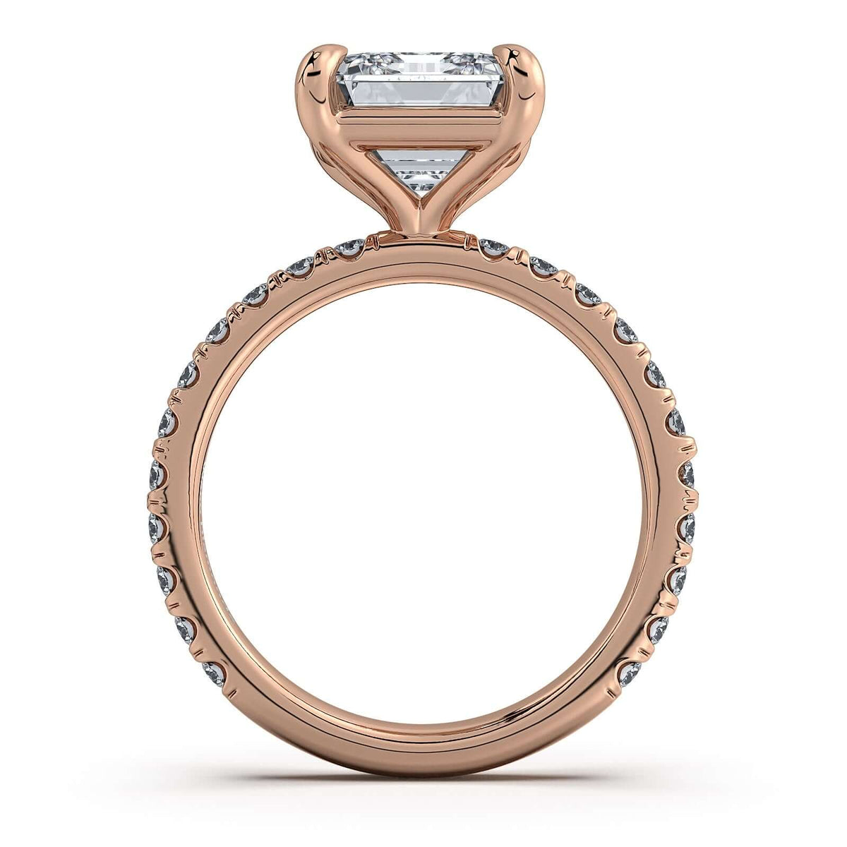 Rose Gold Emerald Diamond Engagement Ring with Pave Band Profile View | Waco Diamonds Is Located In Waco, TX | Central Texas' #1 Engagement Ring Store With Lifetime Warranty