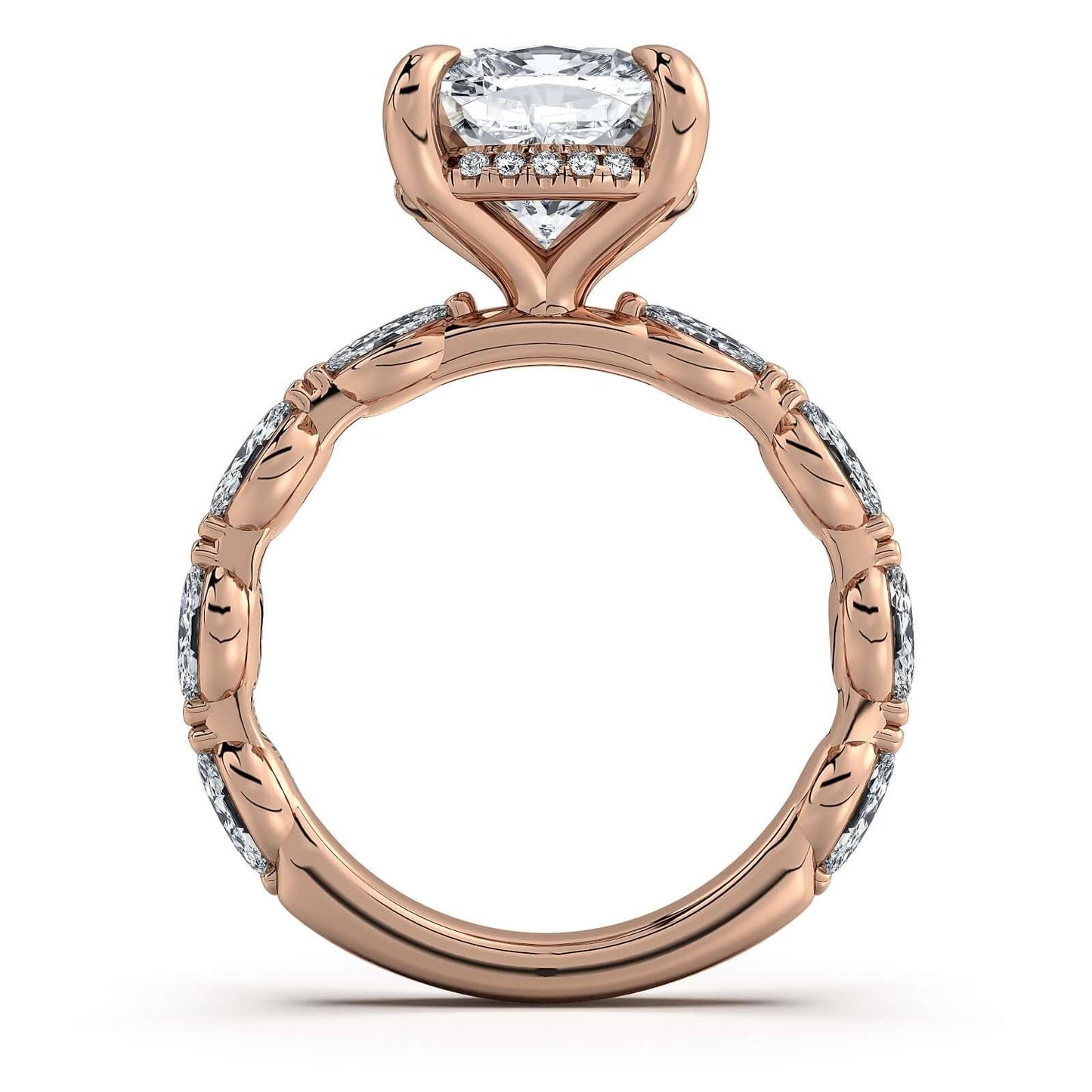 Rose Gold Cushion Diamond Engagement Ring with Marquise Side Stone Band | Waco Diamonds Is Located In Waco, TX | Central Texas' #1 Engagement Ring Store With Lifetime Warranty